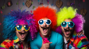 három férfi színes parókákban és napszemüvegben és party kalapban