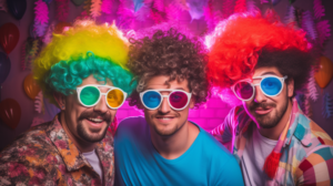 három férfi színes parókákban és napszemüvegben és party kalapban