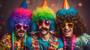 három férfi színes parókákban és napszemüvegben és party kalapban