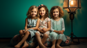 három kislány ülnek állólámpa mellettük