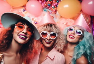 három lány színes napszemüvegben háttérben lufikkal