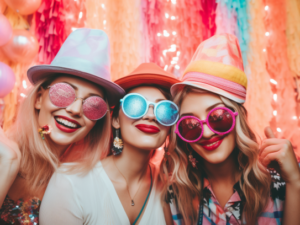 három lány vicces sapkákban és napszemüvegben