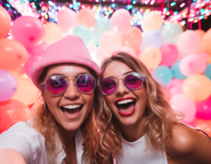 két lány napszemüvegben színes lufikkal a háttérben