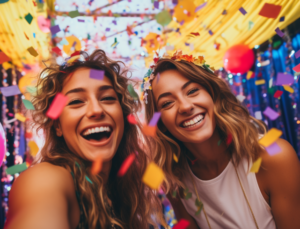 két nevető lány háttérben színes konfettik